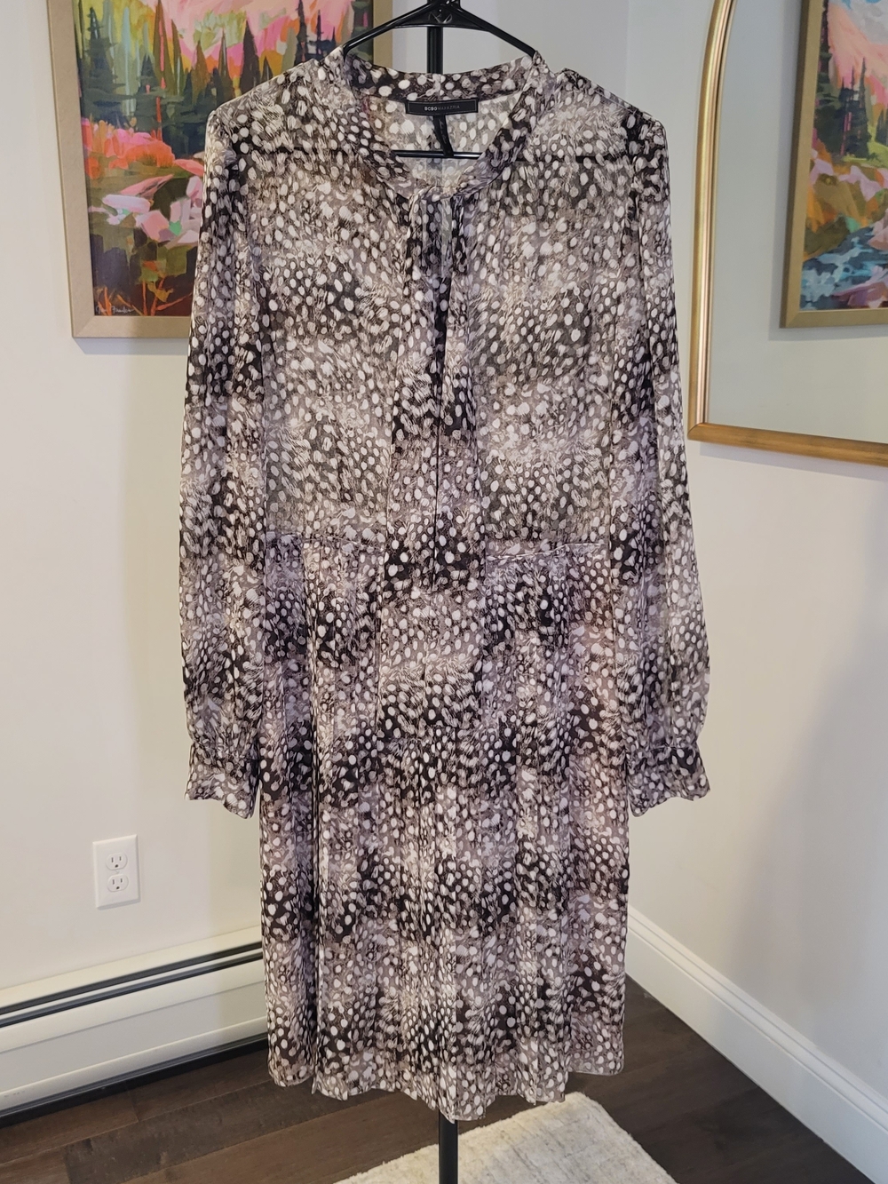 BCBGMAXAZRIA Long Sleeve Sheer Animal Print Dress Brown Cream Women's Size 10